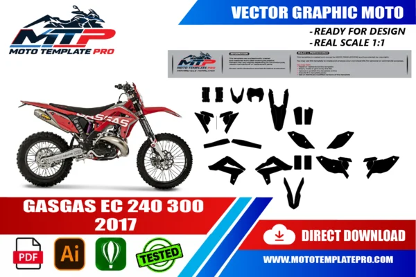 Template vectoriel GasGas EC 240 300 2017 - plan de carrosserie à l’échelle réelle 1:1 pour kits déco et covering