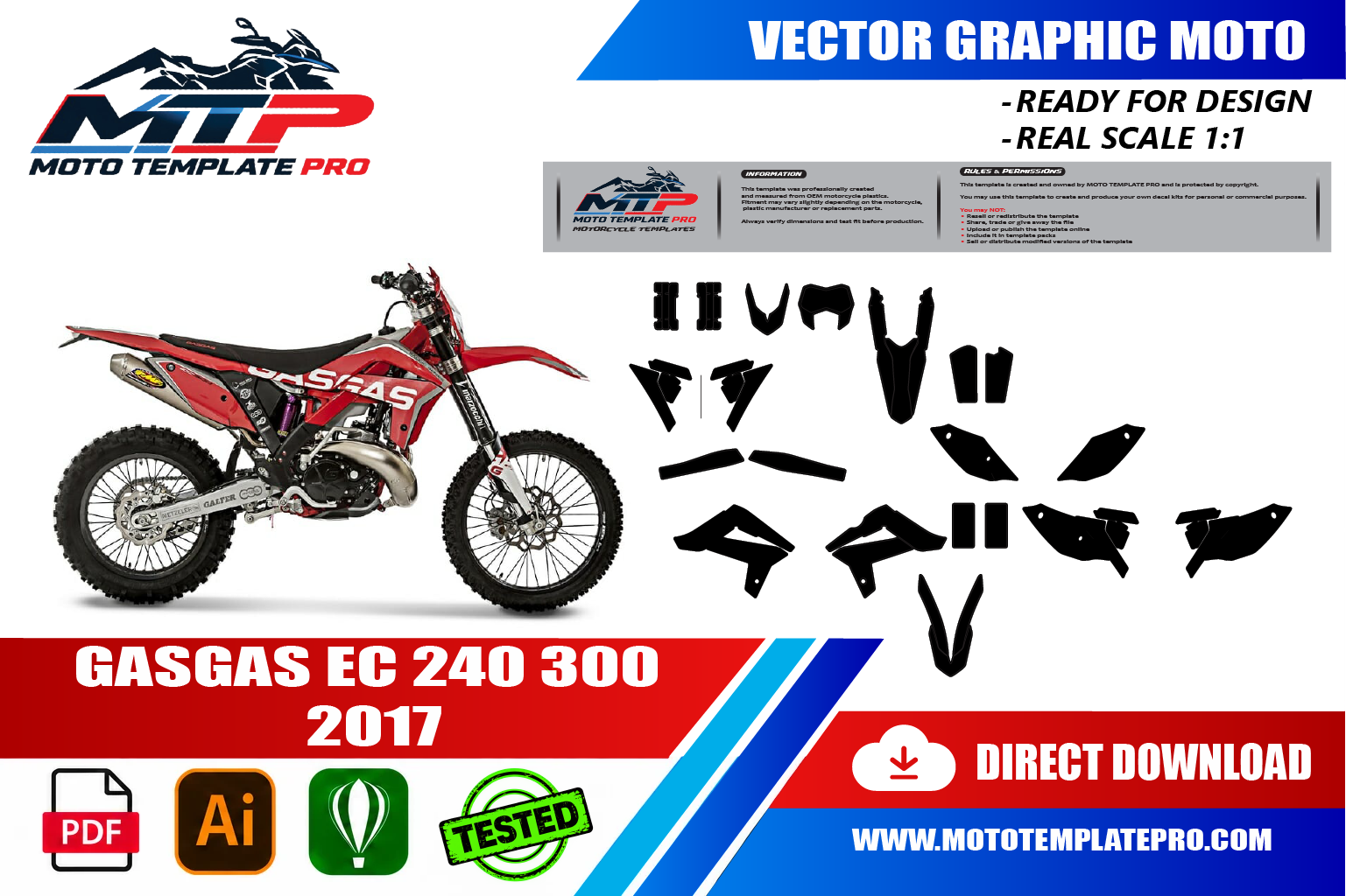 Template vectoriel GasGas EC 240 300 2017 - plan de carrosserie à l’échelle réelle 1:1 pour kits déco et covering