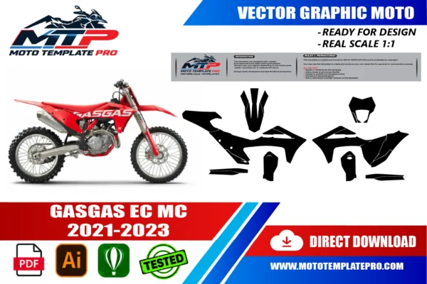 Template vectoriel GasGas EC MC 2021-2023 - plan de carrosserie à l’échelle réelle 1:1 pour kits déco et covering