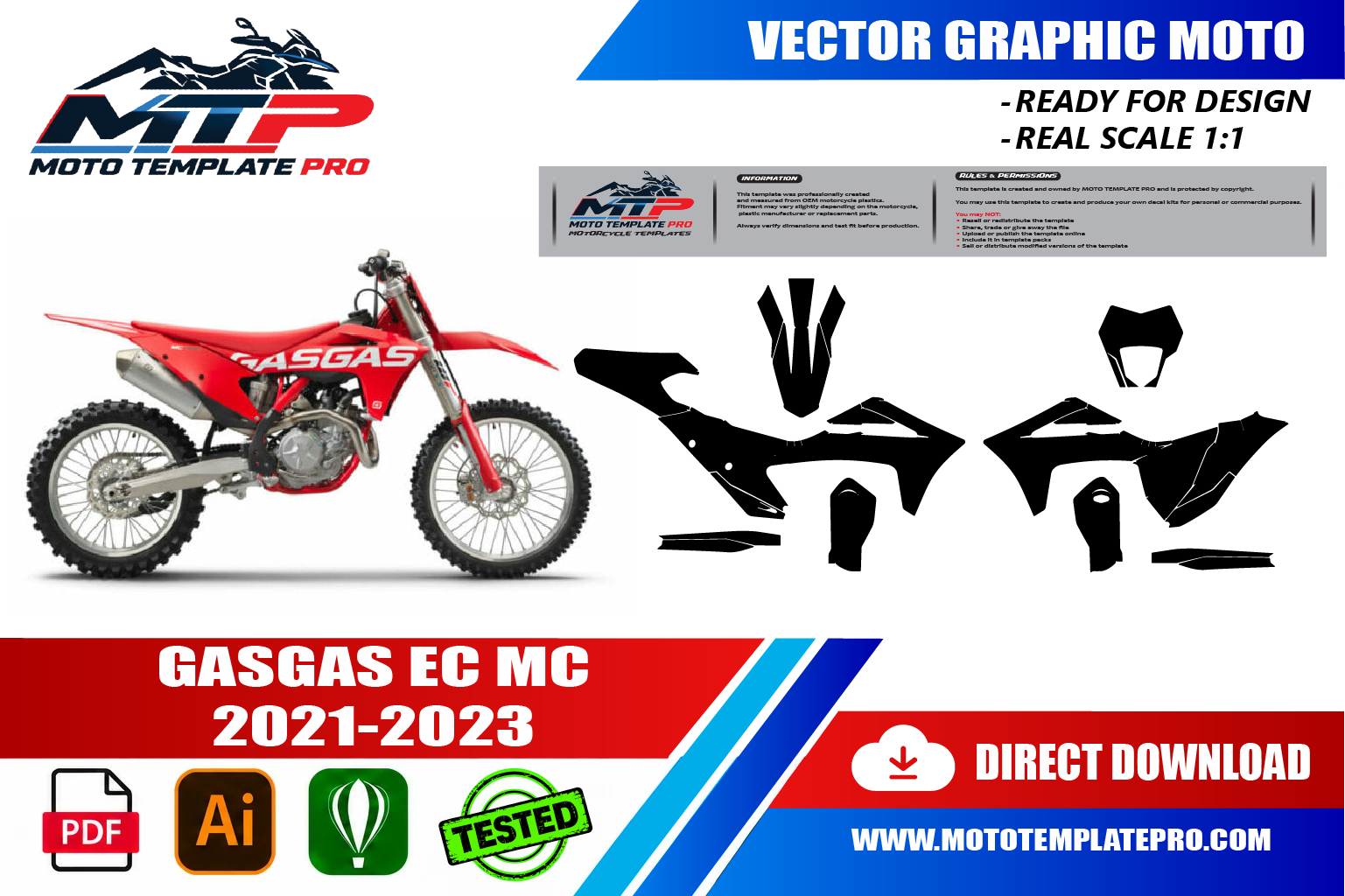Template vectoriel GasGas EC MC 2021-2023 - plan de carrosserie à l’échelle réelle 1:1 pour kits déco et covering