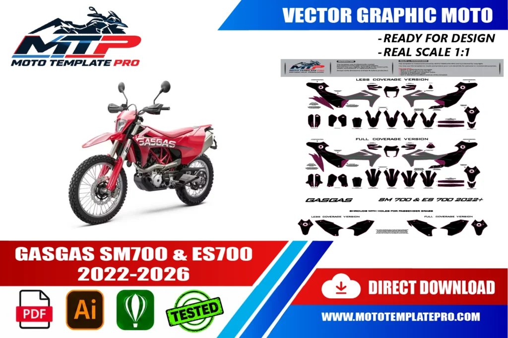 template vectoriel GasGas SM700 & ES700 2022-2026 - plan de carrosserie à l’échelle réelle 1:1 pour kits déco et covering