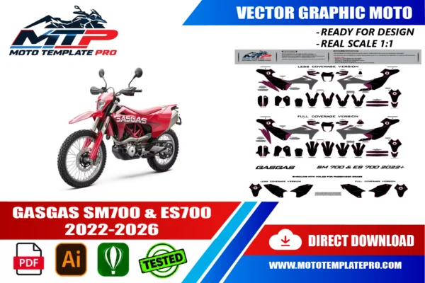 GASGAS SM700 & ES700 2022-2026 Vector Template Template vectoriel GasGas SM700 & ES700 2022-2026 - plan de carrosserie à l’échelle réelle 1:1 pour kits déco et covering