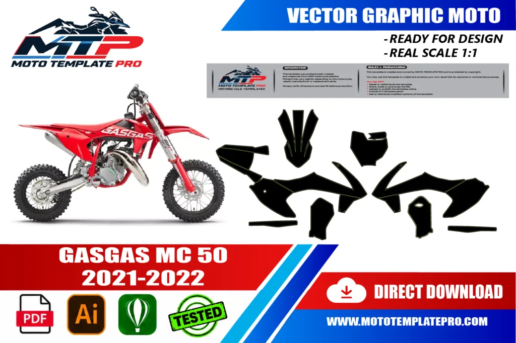 template vectoriel GasGas MC 50 2021-2022 - plan de carrosserie à l’échelle réelle 1:1 pour kits déco et covering