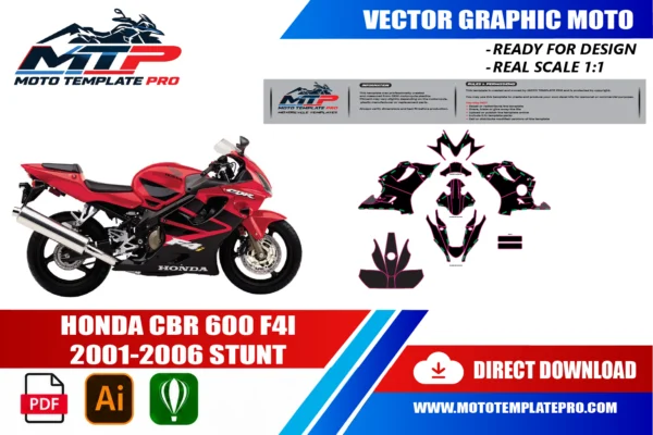 HONDA CBR 600 F4I 2001-2006 STUNT Vector Template Honda CBR 600 F4i 2001-2006 Stunt vector template - real-scale 1:1 bodywork layout for decal kits and wraps