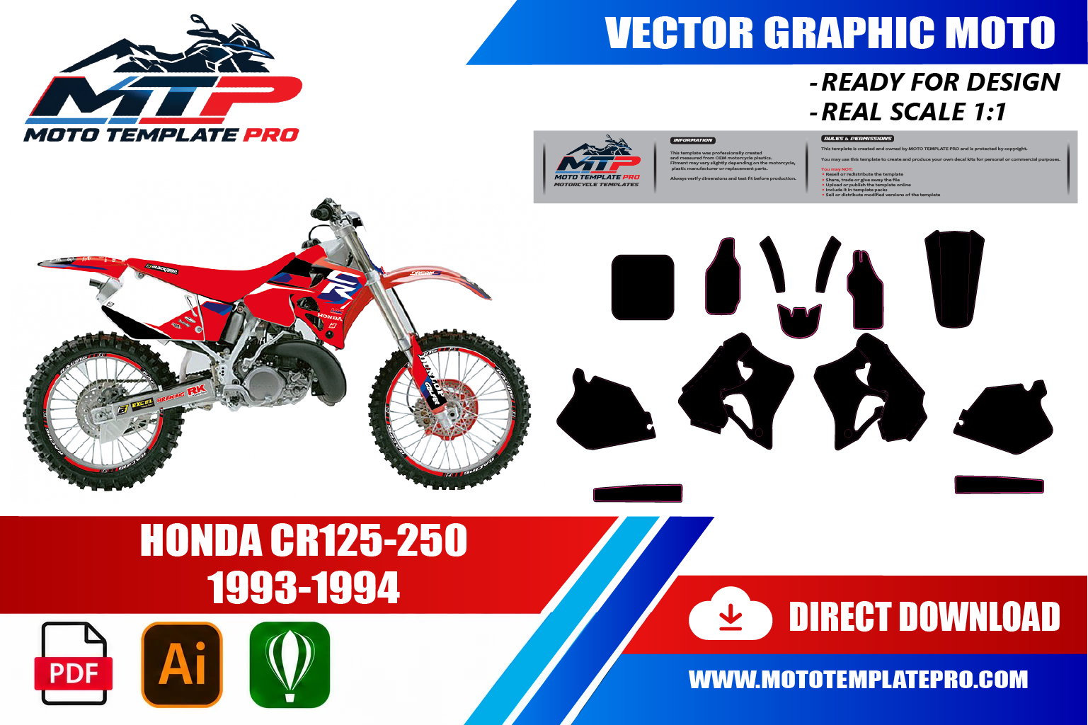 Template vectoriel Honda CR125-250 1993-1994 - plan de carrosserie à l’échelle réelle 1:1 pour kits déco et covering