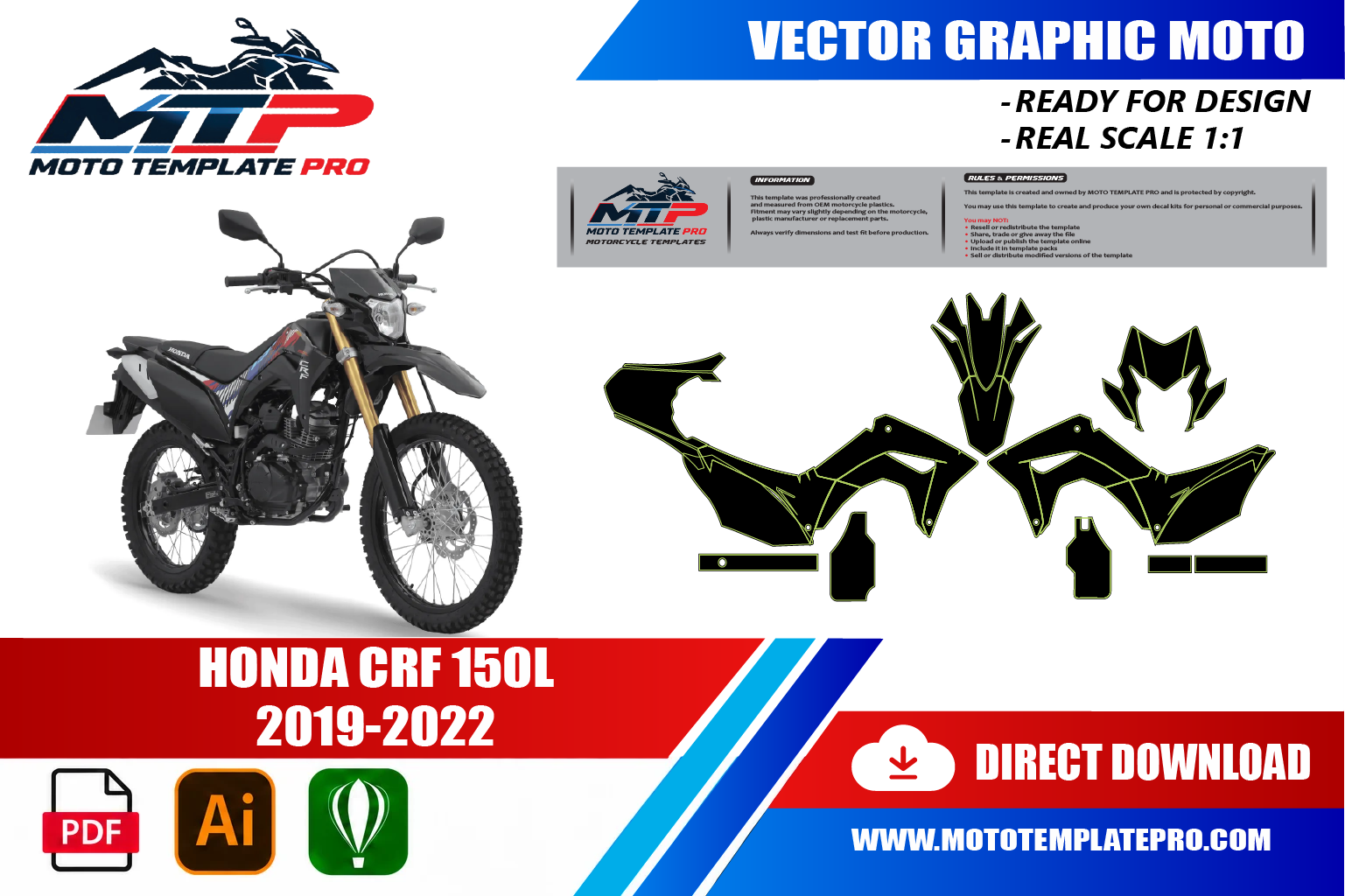 Template vectoriel Honda CRF 150L 2019-2022 - plan de carrosserie à l’échelle réelle 1:1 pour kits déco et covering
