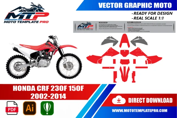 Template vectoriel HONDA CRF 230F 150F 2002-2014 Template vectoriel Honda CRF 230F 150F 2002-2014 - plan de carrosserie à l’échelle réelle 1:1 pour kits déco et covering