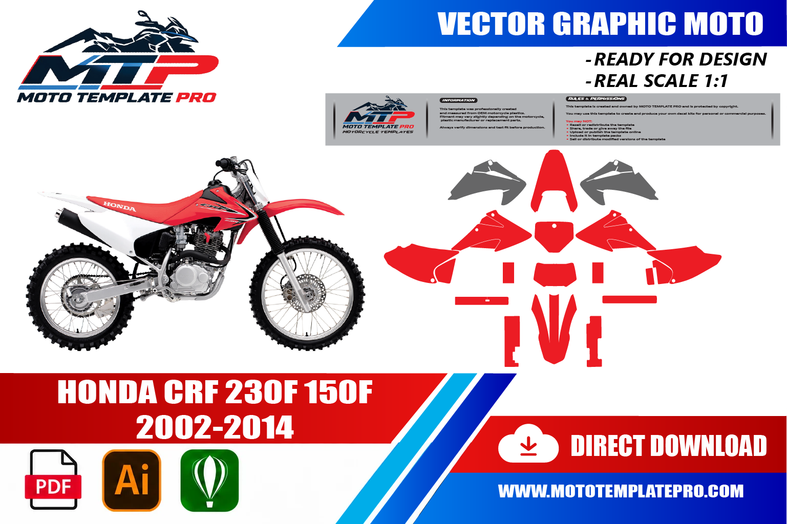 Template vectoriel Honda CRF 230F 150F 2002-2014 - plan de carrosserie à l’échelle réelle 1:1 pour kits déco et covering