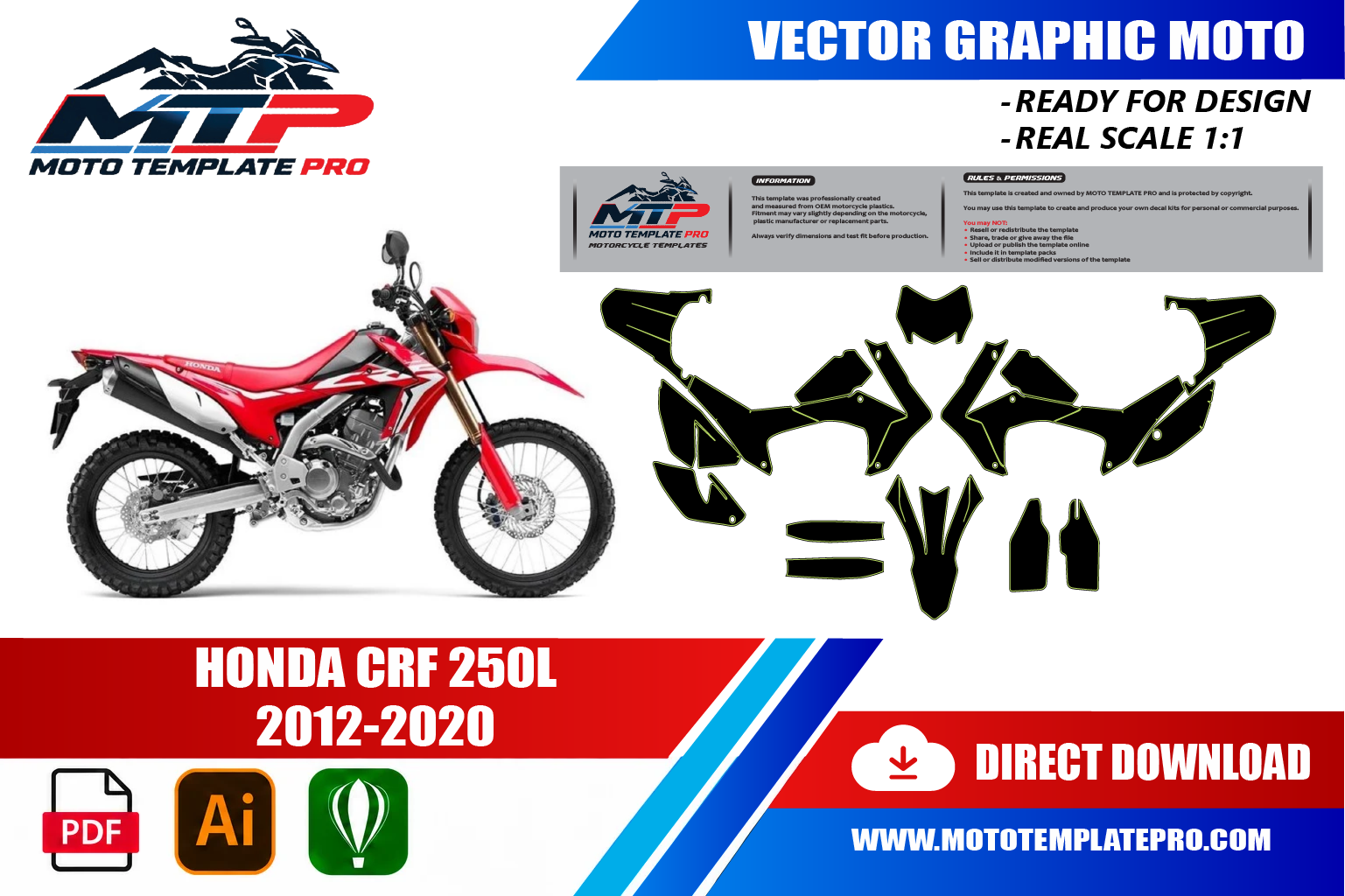 Template vectoriel Honda CRF 250L 2012-2020 - plan de carrosserie à l’échelle réelle 1:1 pour kits déco et covering