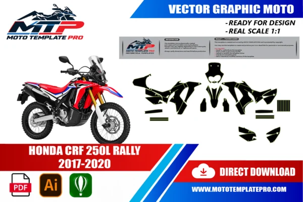Template vectoriel Honda CRF 250L Rally 2017-2020 - plan de carrosserie à l’échelle réelle 1:1 pour kits déco et covering