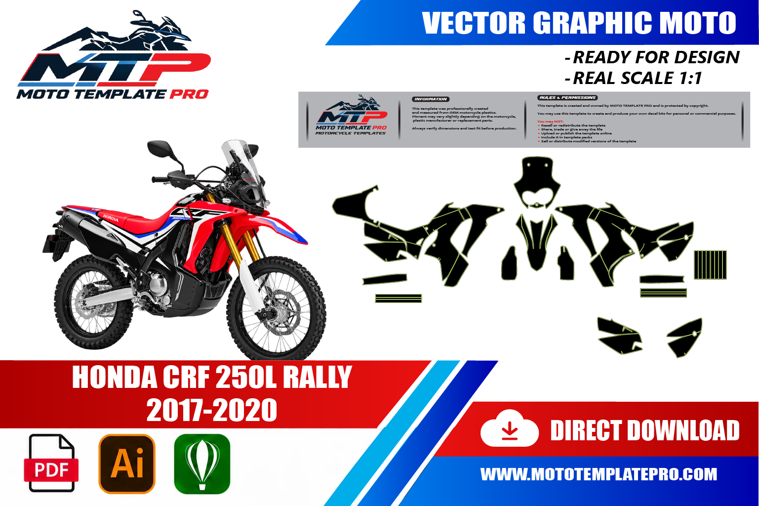 Template vectoriel Honda CRF 250L Rally 2017-2020 - plan de carrosserie à l’échelle réelle 1:1 pour kits déco et covering
