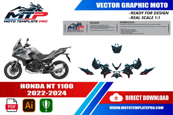 Template vectoriel HONDA NT 1100 2022-2024 Template vectoriel Honda NT 1100 2022-2024 - plan de carrosserie à l’échelle réelle 1:1 pour kits déco et covering