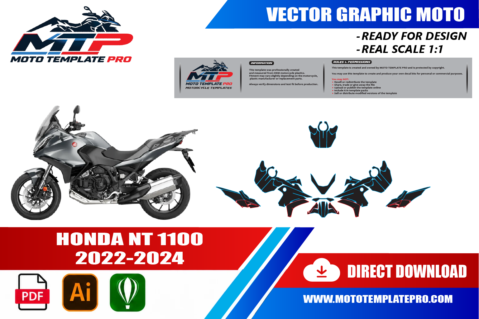 Template vectoriel Honda NT 1100 2022-2024 - plan de carrosserie à l’échelle réelle 1:1 pour kits déco et covering