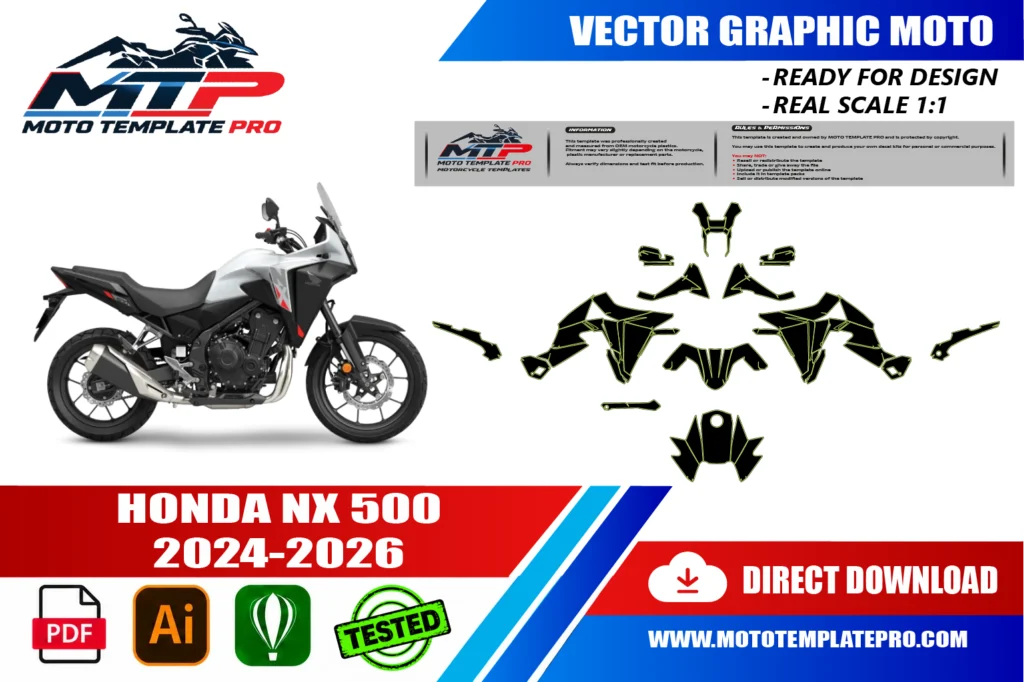 Honda NX 500 2024-2026 vector template - real-scale 1:1 bodywork layout for decal kits and wraps