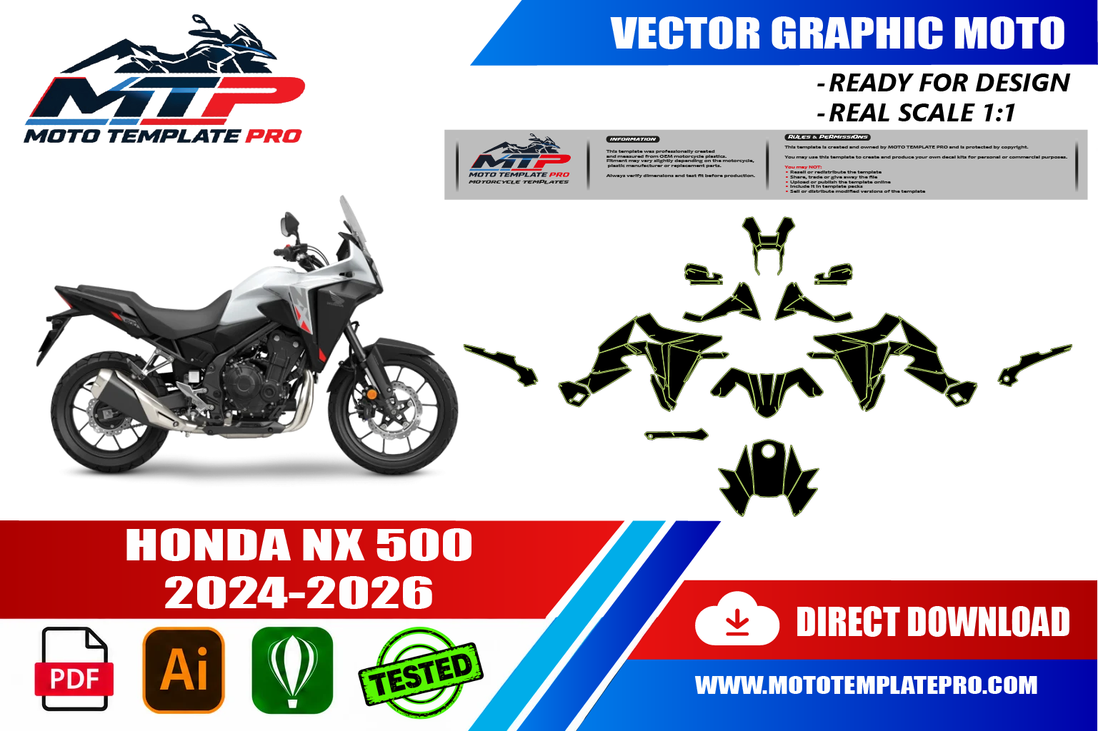 Template vectoriel Honda NX 500 2024-2026 - plan de carrosserie à l’échelle réelle 1:1 pour kits déco et covering