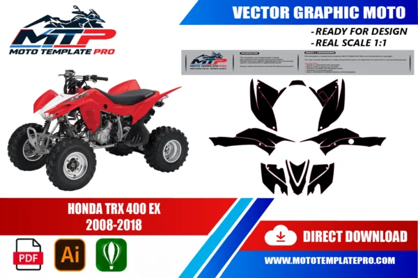 Template vectoriel Honda TRX 400 EX 2008-2018 - plan de carrosserie à l’échelle réelle 1:1 pour kits déco et covering