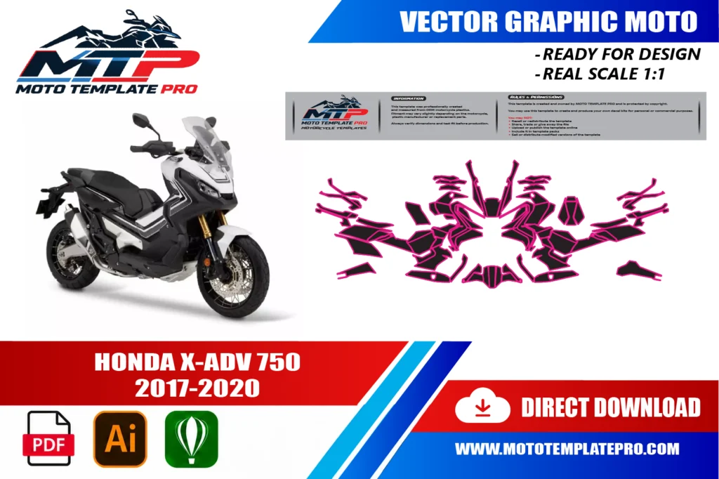 template vectoriel Honda X ADV 750 2017-2020 - plan de carrosserie à l’échelle réelle 1:1 pour kits déco et covering