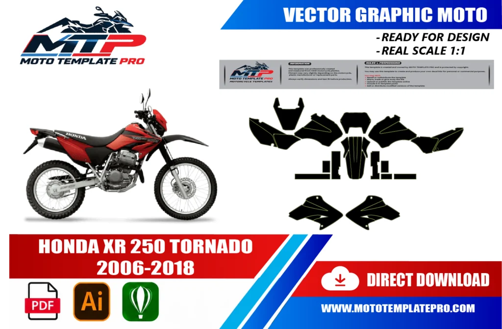 template vectoriel Honda XR 250 Tornado 2006-2018 - plan de carrosserie à l’échelle réelle 1:1 pour kits déco et covering