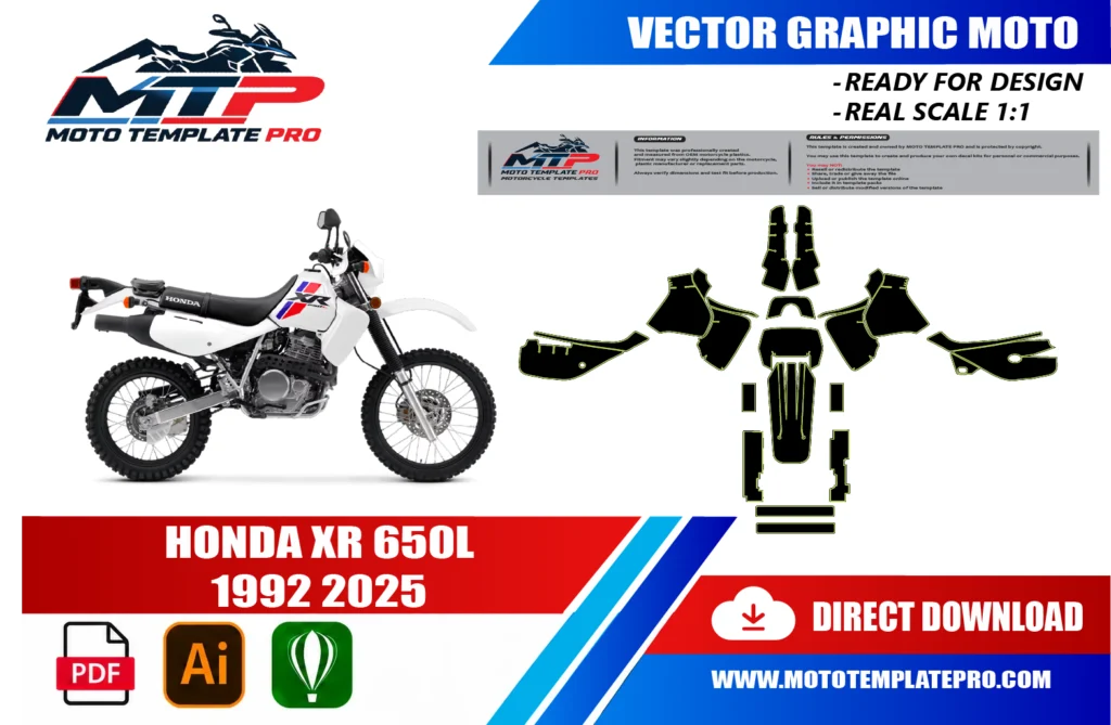 Honda XR 650L 1993-2025 vector template - real-scale 1:1 bodywork layout for decal kits and wraps