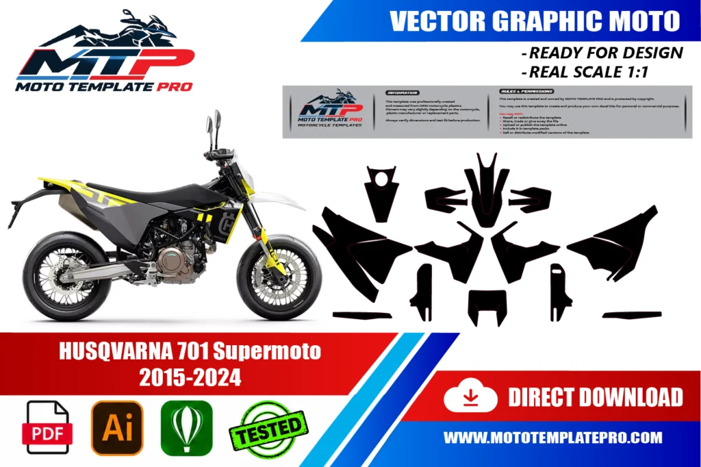 Husqvarna 701 Supermoto 2015-2024 vector template - real-scale 1:1 bodywork layout for decal kits and wraps