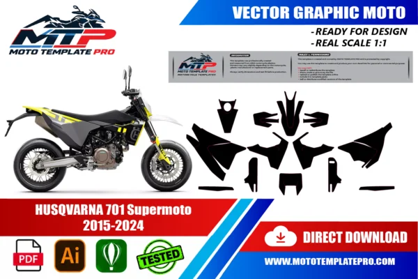 Husqvarna 701 Supermoto 2015-2024 vector template - real-scale 1:1 bodywork layout for decal kits and wraps