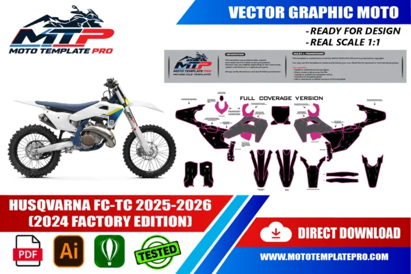 Template vectoriel Husqvarna FC-TC 2025-2026 (2024 Factory Edition) - plan de carrosserie à l’échelle réelle 1:1 pour kits déco et covering