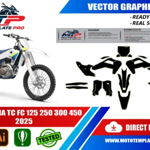Template vectoriel Husqvarna TC FC 125 250 300 450 2025 - plan de carrosserie à l’échelle réelle 1:1 pour kits déco et covering