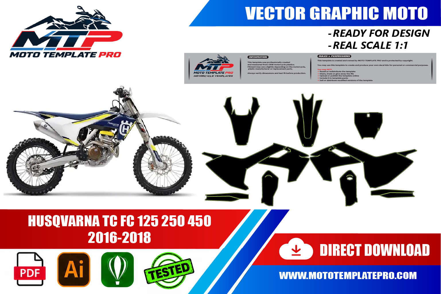 Template vectoriel Husqvarna TC FC 125 250 450 2016-2018 - plan de carrosserie à l’échelle réelle 1:1 pour kits déco et covering