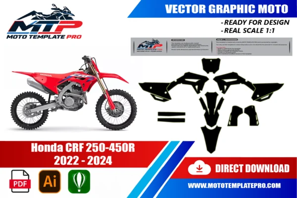 Template vectoriel Honda CRF 250-450R 2022 - 2024 Template vectoriel Honda CRF 250-450R 2022-2024 - plan de carrosserie à l’échelle réelle 1:1 pour kits déco et covering