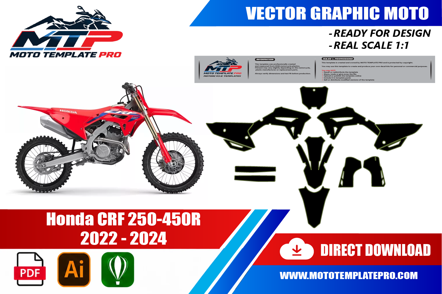 Template vectoriel Honda CRF 250-450R 2022-2024 - plan de carrosserie à l’échelle réelle 1:1 pour kits déco et covering