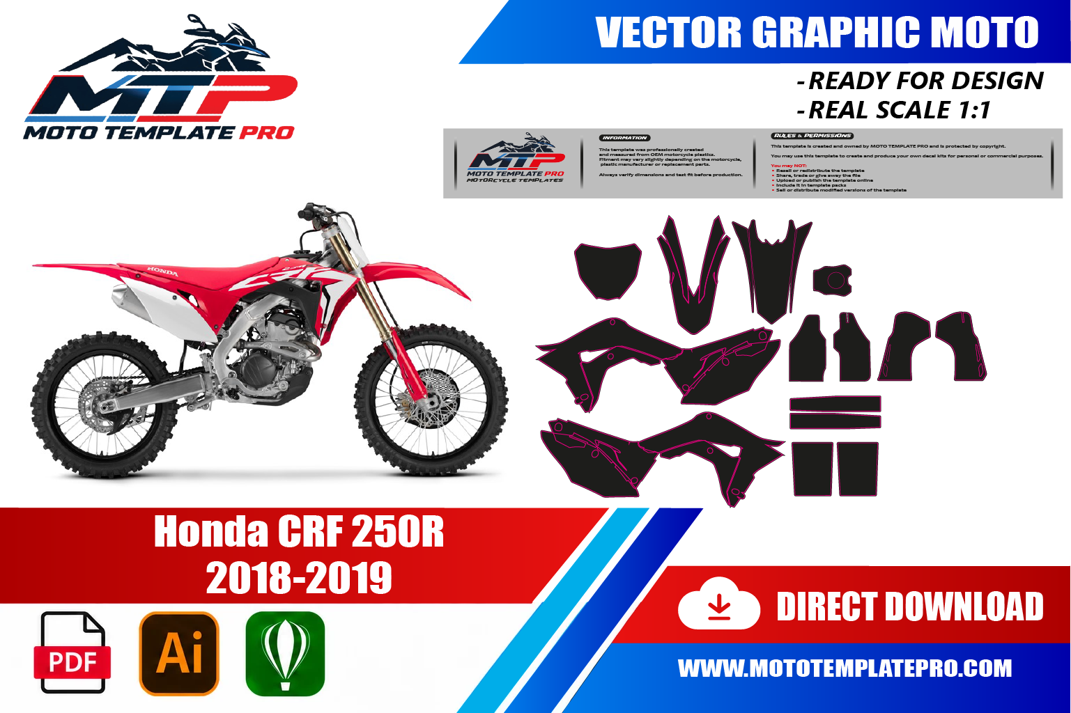 Template vectoriel Honda CRF 250R 2018-2019 - plan de carrosserie à l’échelle réelle 1:1 pour kits déco et covering