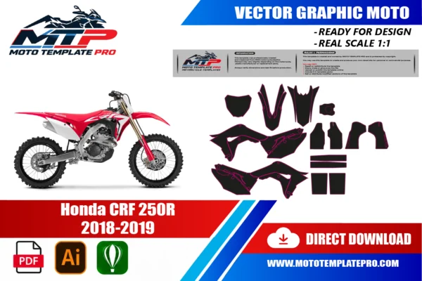Honda CRF 250R 2018-2019 vector template - real-scale 1:1 bodywork layout for decal kits and wraps