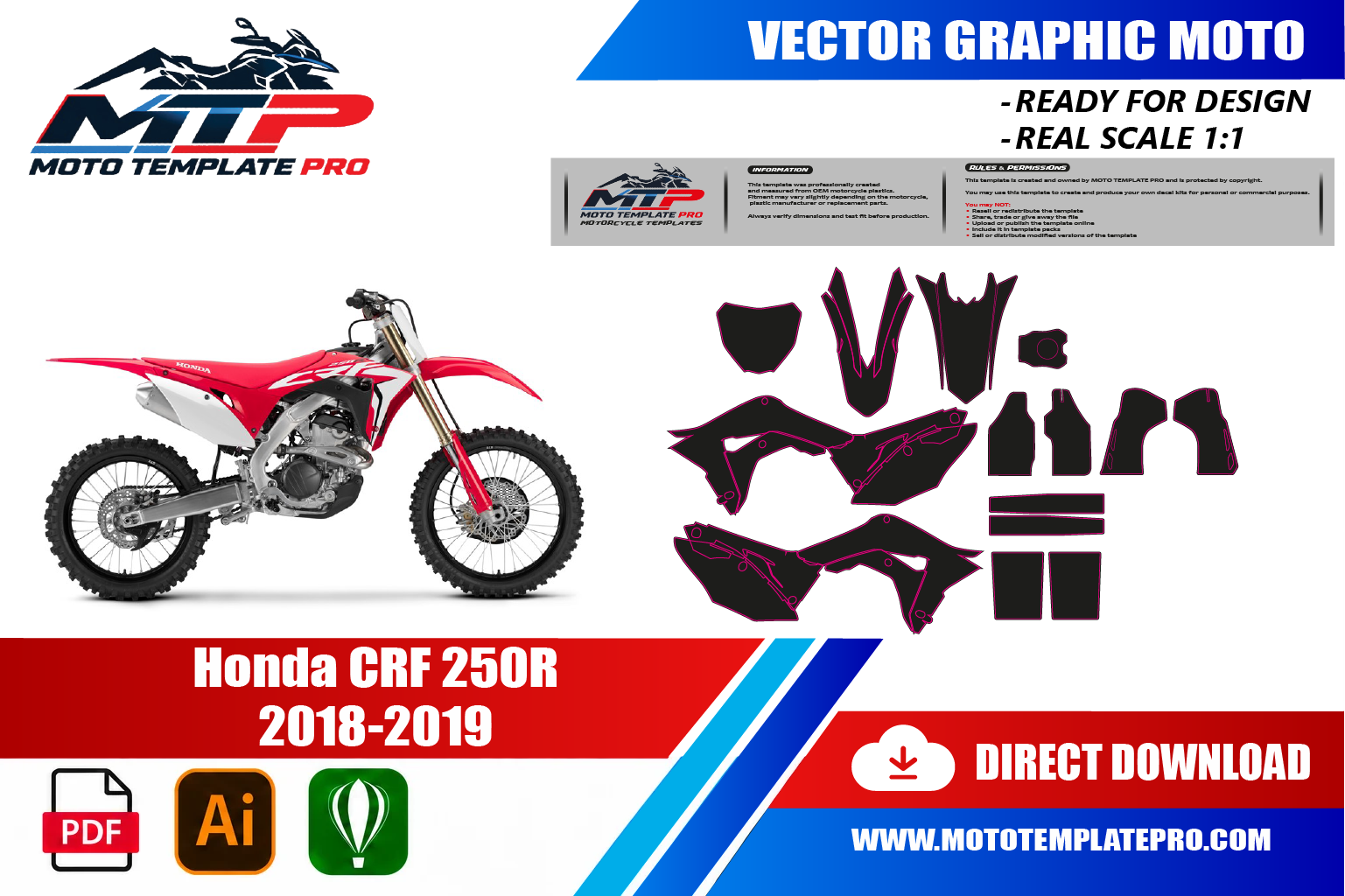 Template vectoriel Honda CRF 250R 2018-2019 - plan de carrosserie à l’échelle réelle 1:1 pour kits déco et covering