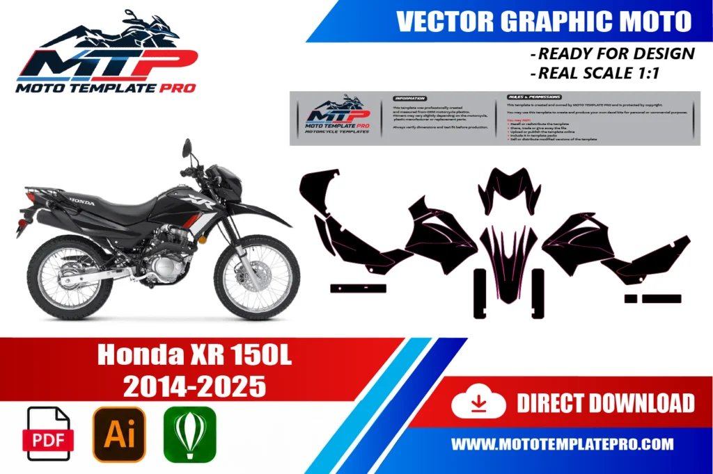 template vectoriel Honda XR 150L 2014-2025 - plan de carrosserie à l’échelle réelle 1:1 pour kits déco et covering