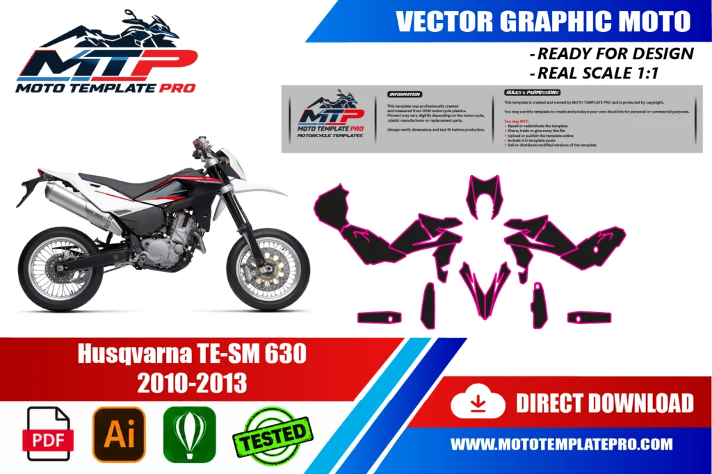 Husqvarna TE SM 630 2010-2013 vector template - real-scale 1:1 bodywork layout for decal kits and wraps