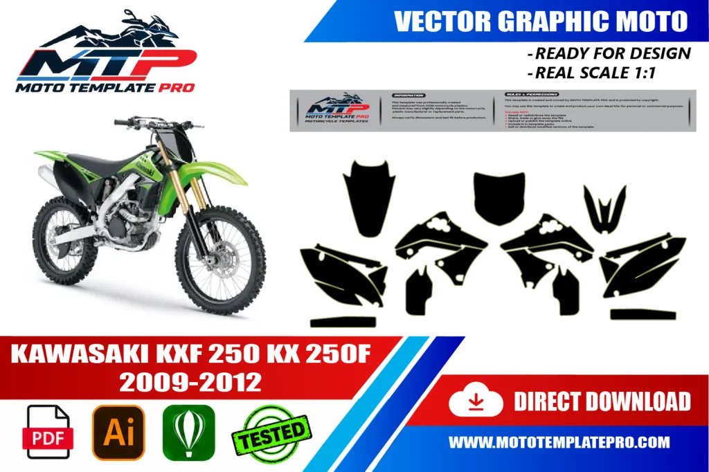 template vectoriel Kawasaki KXF 250 KX 250F 2009-2012 - plan de carrosserie à l’échelle réelle 1:1 pour kits déco et covering