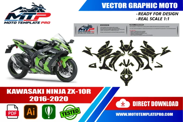 Kawasaki Ninja ZX-10R 2016-2020 vector template - real-scale 1:1 bodywork layout for decal kits and wraps