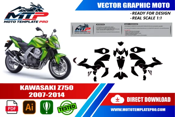 Template vectoriel Kawasaki Z750 2007-2014 - plan de carrosserie à l’échelle réelle 1:1 pour kits déco et covering