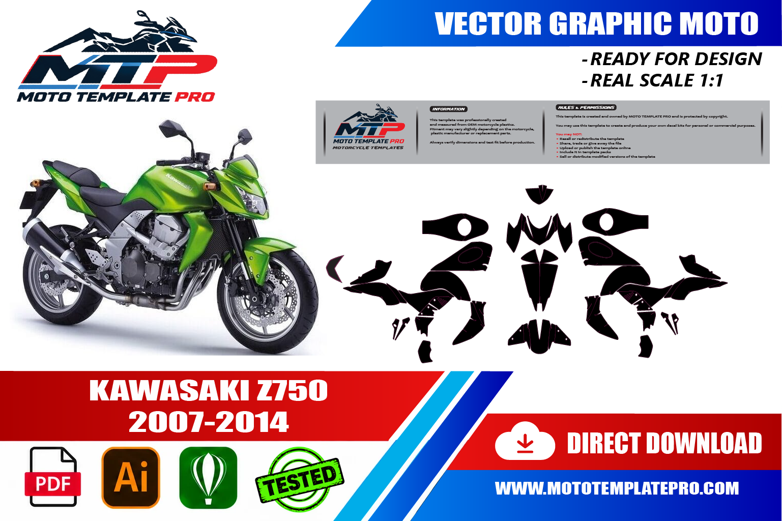 Kawasaki Z750 2007-2014 vector template - real-scale 1:1 bodywork layout for decal kits and wraps