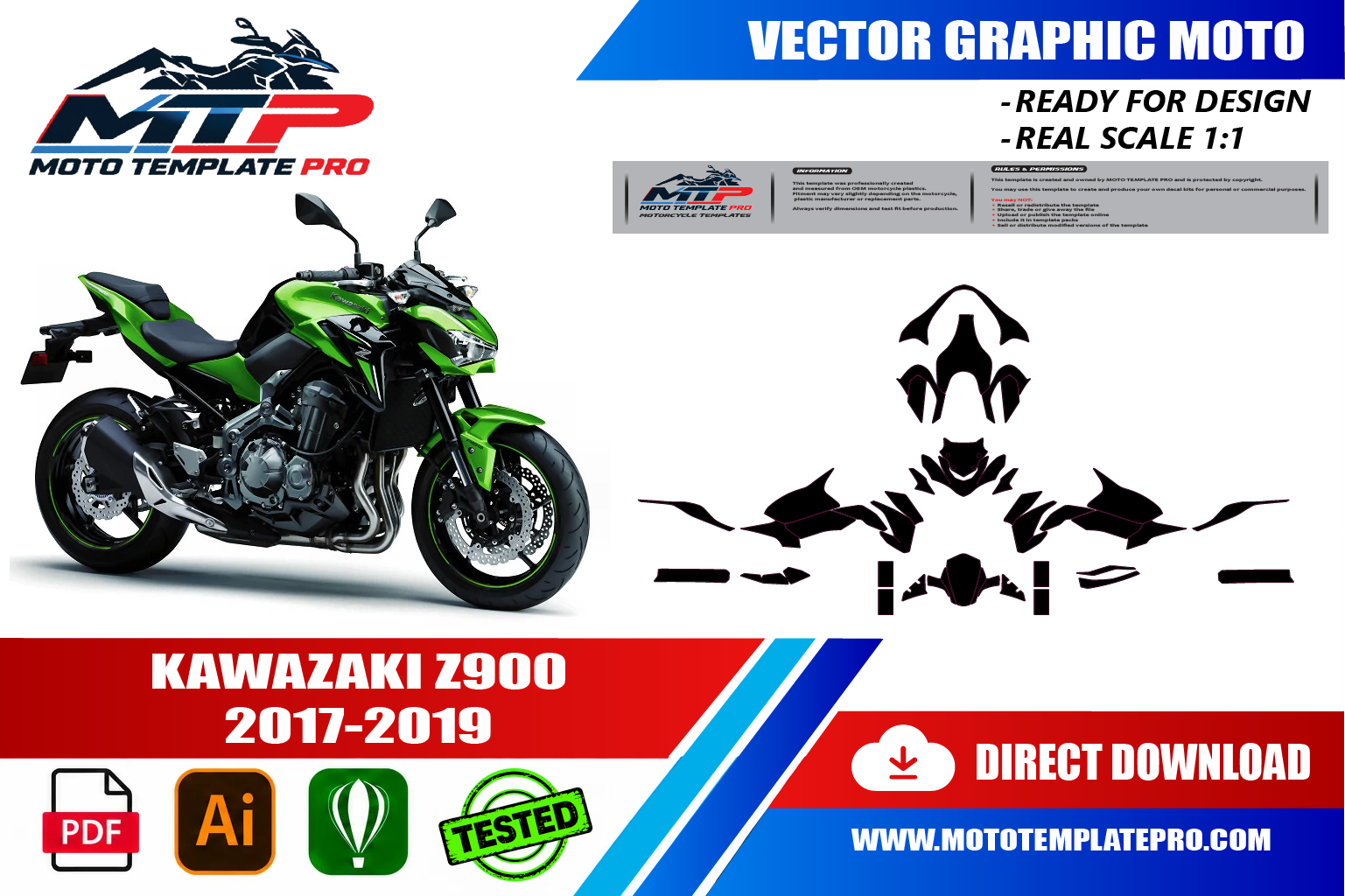 Kawasaki Z900 2017-2019 vector template - real-scale 1:1 bodywork layout for decal kits and wraps