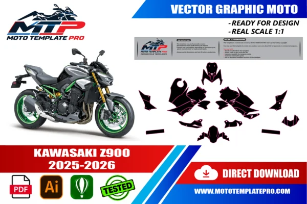 Template vectoriel Kawasaki Z900 2025-2026 - plan de carrosserie à l’échelle réelle 1:1 pour kits déco et covering