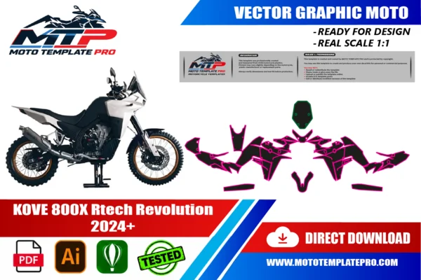 Template vectoriel KOVE 800X Rtech Revolution 2024+ - plan de carrosserie à l’échelle réelle 1:1 pour kits déco et covering