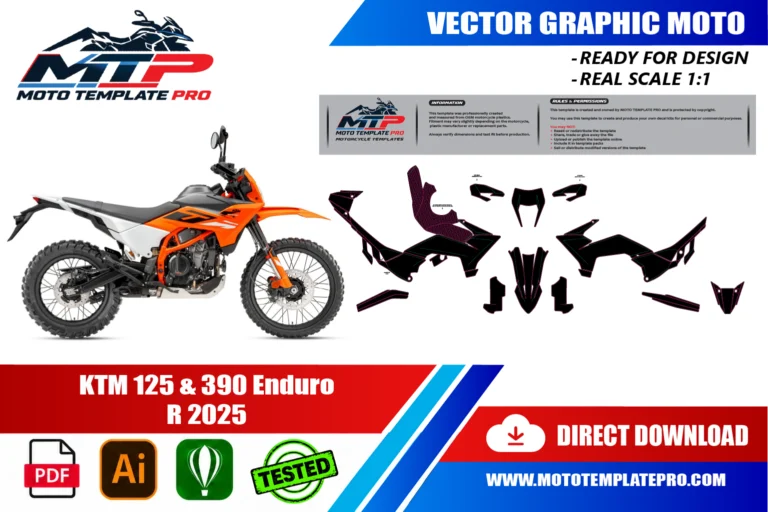 Contours des pièces du modèle KTM 125 390 Enduro R 2025 pour la conception de stickers et de covering