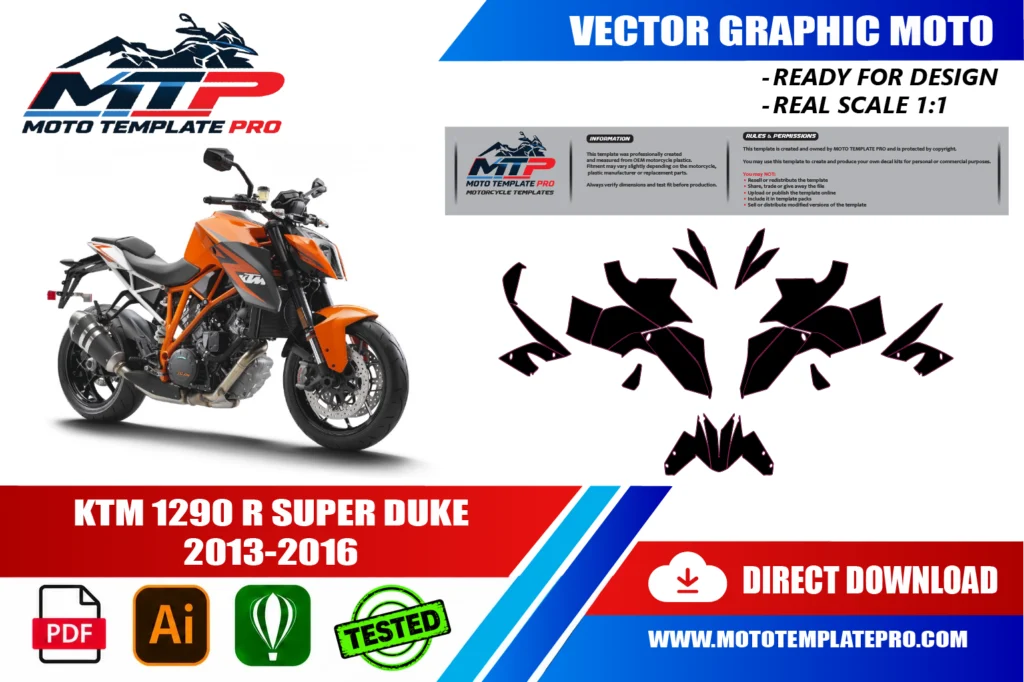 template vectoriel KTM 1290 Super Duke R 2013-2016 - plan de carrosserie à l’échelle réelle 1:1 pour kits déco et covering