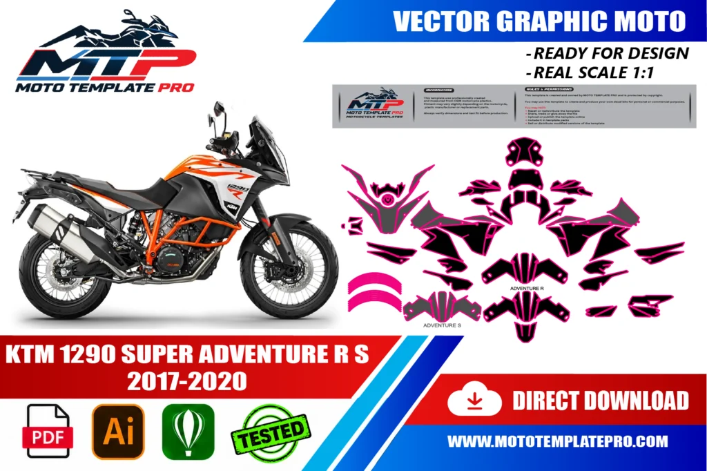 template vectoriel KTM 1290 Super Adventure R S 2017-2020 - plan de carrosserie à l’échelle réelle 1:1 pour kits déco et covering