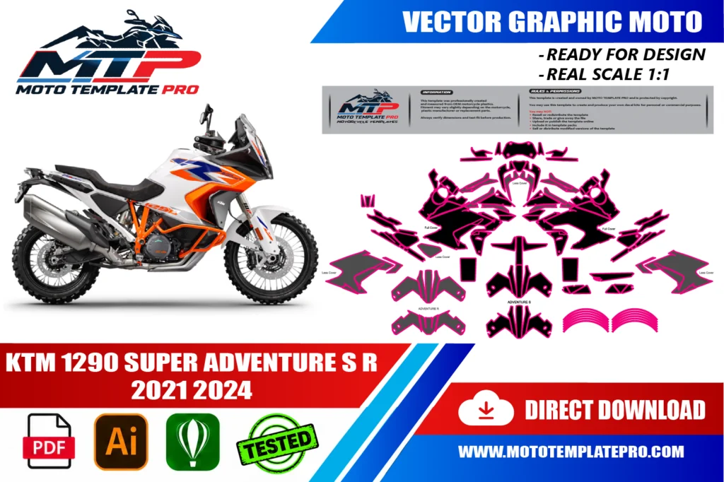 template vectoriel KTM 1290 Super Adventure S R 2021-2024 - plan de carrosserie à l’échelle réelle 1:1 pour kits déco et covering