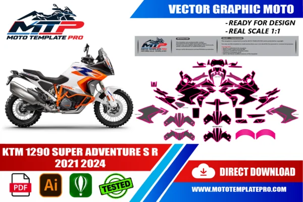 KTM 1290 SUPER ADVENTURE S R 2021 2024 Vector Template Template vectoriel KTM 1290 Super Adventure S R 2021-2024 - plan de carrosserie à l’échelle réelle 1:1 pour kits déco et covering