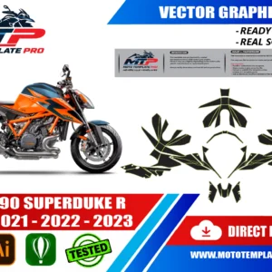 Template vectoriel KTM 1290 Super Duke R 2020-2023 - plan de carrosserie à l’échelle réelle 1:1 pour kits déco et covering