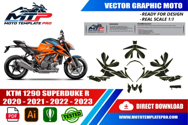 Template vectoriel KTM 1290 Super Duke R 2020-2023 - plan de carrosserie à l’échelle réelle 1:1 pour kits déco et covering