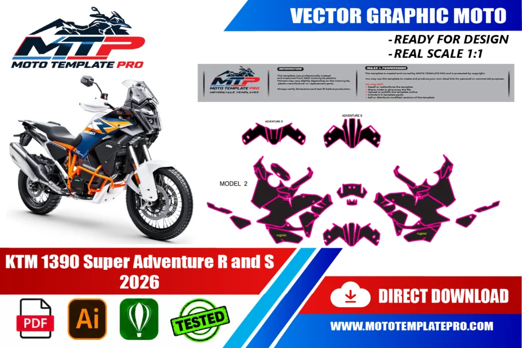 KTM 1390 Super Adventure R S 2026 vector template - real-scale 1:1 bodywork layout for decal kits and wraps
